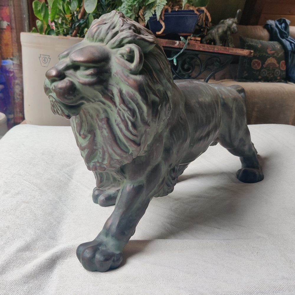 VTG Lion Statue Ceramic Bronze Verdigris Color 22x13" Heavy Hollywood Regency